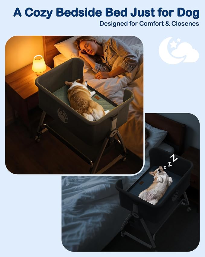 Bedside Dog Bed,6-Height Adjustable Pet Bassinet for Medium & Large Dogs | 6-Height Adjustable Side-Sleeper, Elevated Bed Extension for Humans, Washable Small Dog & Cat Couch with Sides, 30"x21"