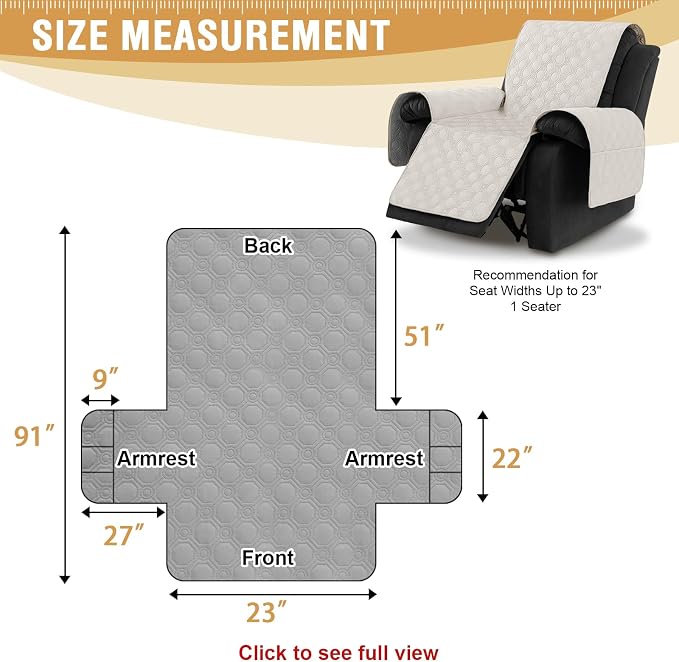 H.VERSAILTEX 100% Waterproof Recliner Chair Covers, Recliner Covers Non-Slip Stay in Place, Thick Cover for Recliner Chair with Pocket, Dog Couch Cover Protector Washable(Beige, 23")