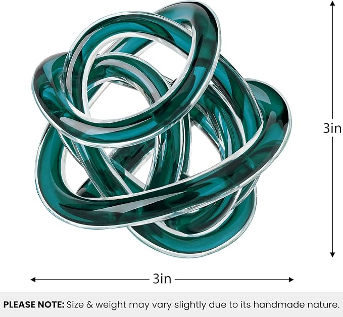 Torre & Tagus Orbit Hand Blown Glass Infinity Knot Sculpture - 3 Inch Glass Art Teal Knot Decor Ball for Home Decor, Small Centerpiece Table Decoration for Home Interior (Clear Teal)