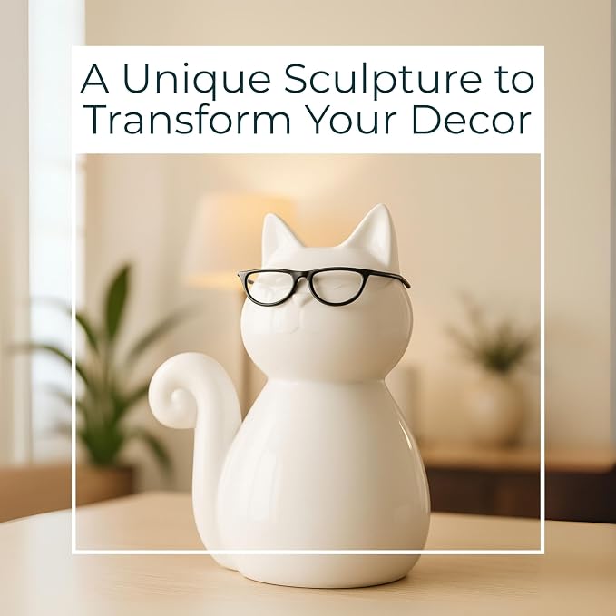 Ceramic Cat Figurine Sculpture – White Porcelain Stoneware Statue with Modern Glam Minimalist Design – Home Decor Accent for Bookshelf, Coffee Table, Bedroom, Office & Living Room – 8", White