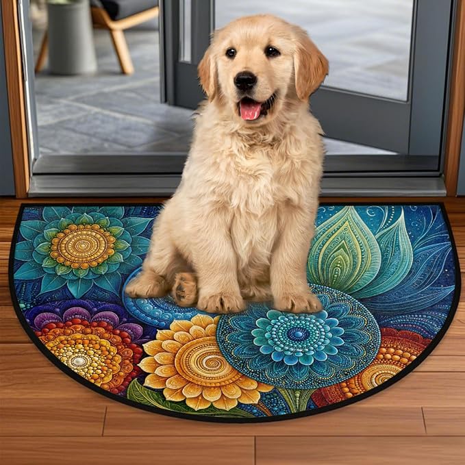 Mandala Half Round Door Mat Non Slip Half Circle Rugs | Flower Color Washable Half Moon Rug Semi Circle Rugs Indoor Entrance Floor Carpet for Kithen Bedroom Fireplace Decor