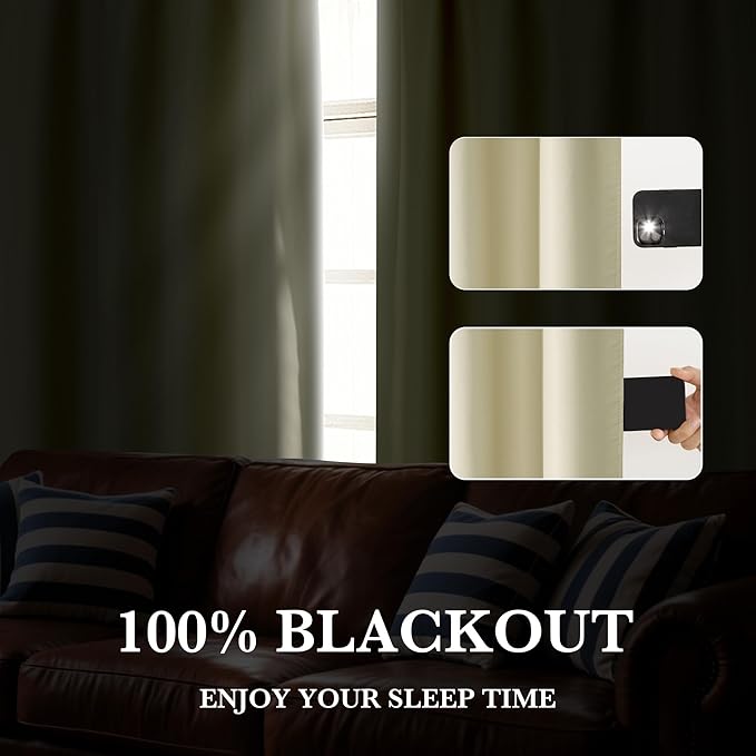 RYB HOME 100% Blackout Short Curtains for Small Window, Thermal Insulated Total Room Darkening Noise Reducing Curtains for Kitchen Bathroom Basement, 52 inches Wide by 36 inches Long, Beige