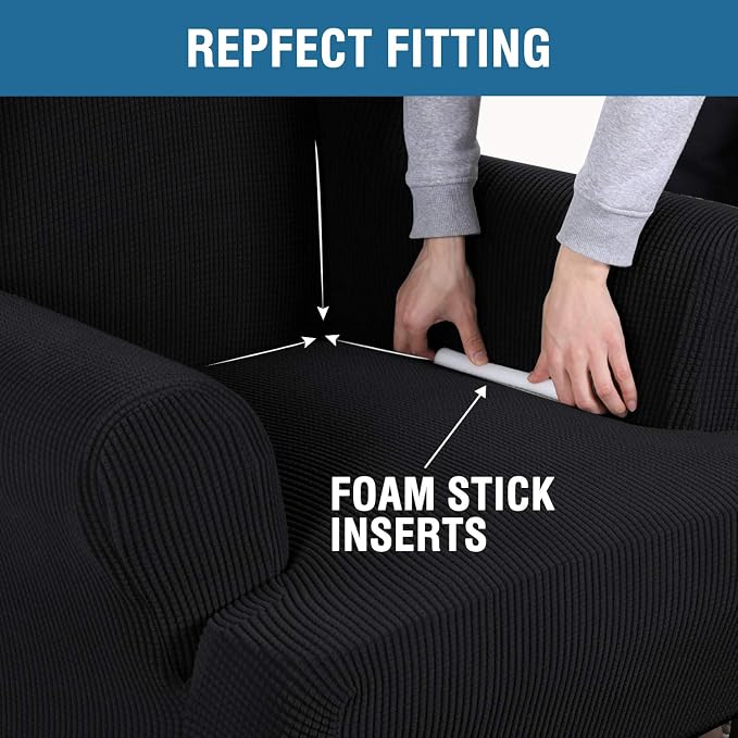 H.VERSAILTEX Wing Chair Slipcover Chair Covers for Wingback Chairs Wingback Chair Covers Slipcovers 1 Piece Stretch Sofa Cover Furniture Protector Soft Spandex Jacquard Checked Pattern, Black