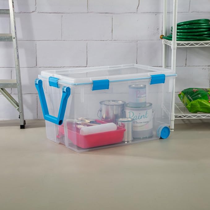 Sterilite Gasket Storage Box with Lids for Home & Office, 120 Quart, 9-Pack | Heavy-Duty, Stackable, and Organizing Containers for Bathroom, Cabinet, Closet, and Garage, Clear and Blue Aquarium Latches
