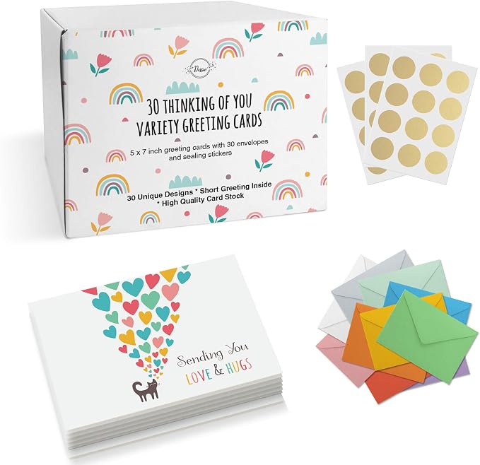 Dessie 30 Unique Thinking Of You Cards With Greetings Inside. Large Greeting Cards Boxed Set. 30 Different Designs - No Repetition. Assorted Color Envelopes, Gold Seals, Storage Box.