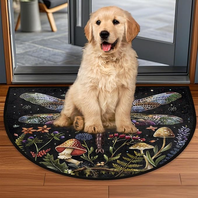 Dragonfly Mushroom Retro Half Round Door Mat Non-Slip Semi Circle Rug Washable Half Moon Floor Rug Absorbent Bathroom Area Rugs for Outdoor Indoor Fireplace Mat Entryway Kitchen Decor Rugs