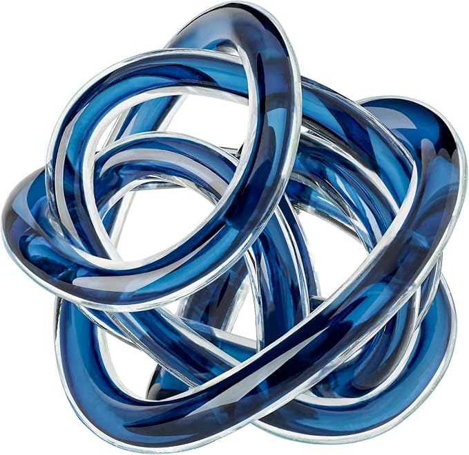 Torre & Tagus Orbit Hand Blown Glass Infinity Knot Sculpture - 4.5 Inch Glass Art Blue Knot Decor Ball for Home Decor, Small Centerpiece Table Decoration for Home Interior (Indigo Blue)