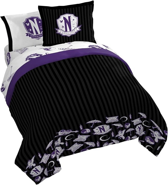 Wednesday Queen Comforter Set 7 Piece Gothic Bedding for Girls, Black | Bed in a Bag, Comforter Sheets Shams Pillowcases, Official Product, Soft Microfiber, Machine Washable, Girls Gift