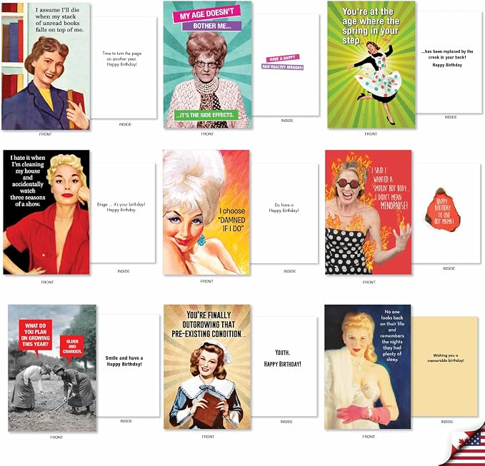 NobleWorks Retro Cards 36 Assorted Funny Birthday Cards Bulk Box Set w/Envelopes, Vintage Adult Humor Greetings Variety Pack for Men and Women (36 Designs, 1 Each) Retro Revelry AC7740BDG-B1x36