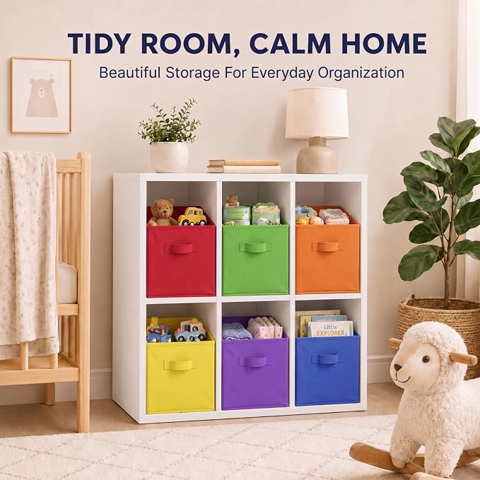 Yinder Cube Storage Bin Storage Bins for Room Decor Colorful Bins Foldable Baskets for Nursery Organizer Boxes Fabric Boxes (14''x10''x8'',Bright Colors,6 Pcs)