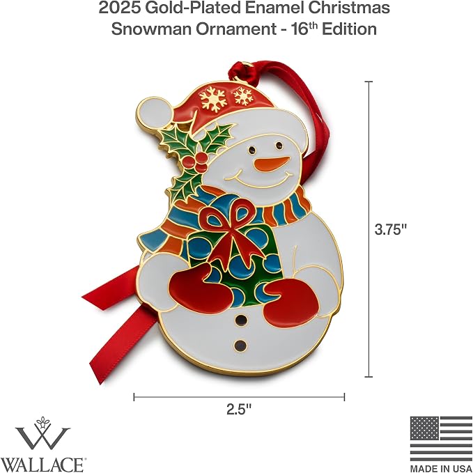 Wallace Wonders of Christmas Gold-Plated Enamel Ornament 2025-16th Edition Annual Collectible Series - Snowman Holiday Motif with Gift Box and Velvet Pouch