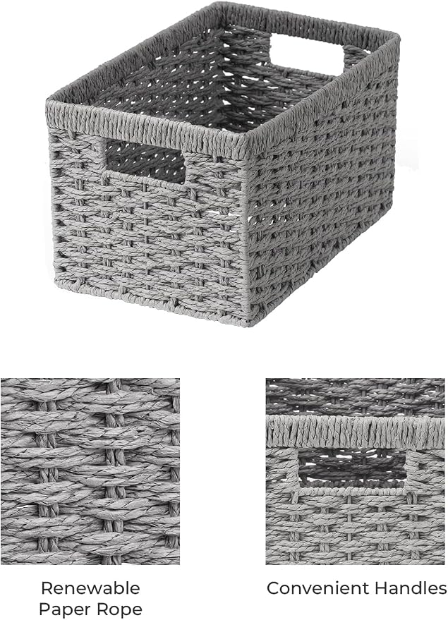 StorageWorks Wicker Storage Baskets,Gray Baskets for Storage,2-Pack | Paper Rope Wicker Storage Baskets for Shelves,Rectangular Wicker Baskets with Handles,Handwoven Grey Baskets,Woven Baskets