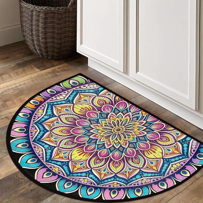 Mandala Half Round Door Mat Non Slip Half Circle Rugs | Ethnic Color Washable Half Moon Rug Semi Circle Rugs Indoor Entrance Floor Carpet for Kithen Bedroom Fireplace Decor