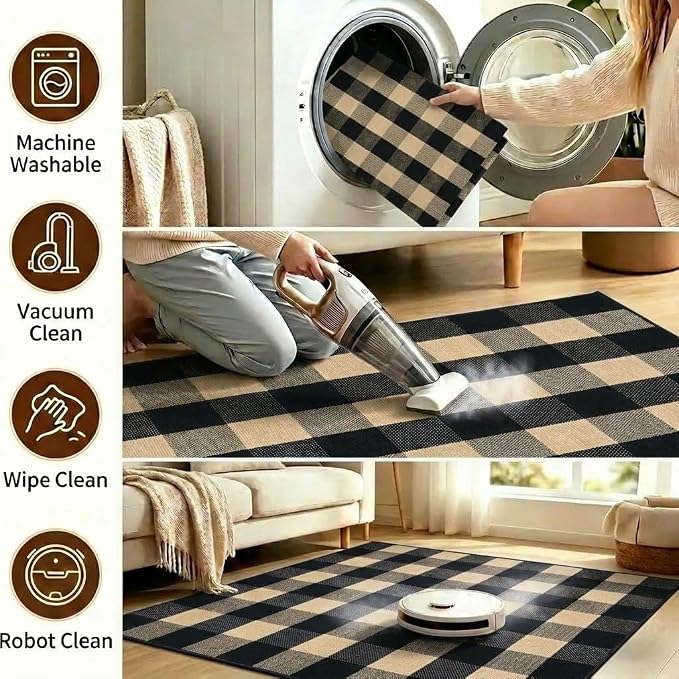 Buffalo Plaid Rug 2'4''x 3'7'' Brown and Black Front Door Mat Reversible Layered Porch Rug Washable Hand Woven Cotton Area Rug for Indoor Outdoor Entryway Patio Porch Decor