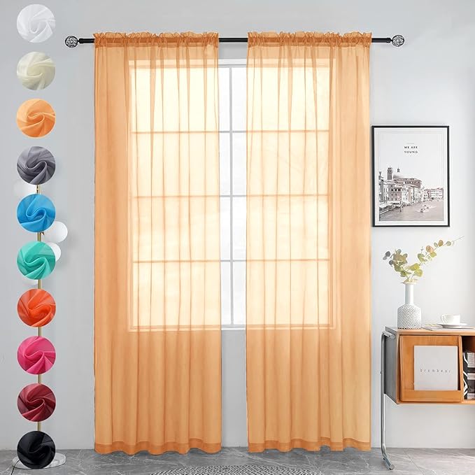youleyar Solid Sheer Rod Pocket Curtain Voile Draperies 2 Panels White Beige Black Grey Coffee 38 Inch Width 84 Inch Long 1 Pair for Kitchen Bedroom Children Living Room Yard(Beige,38Wｘ84L)