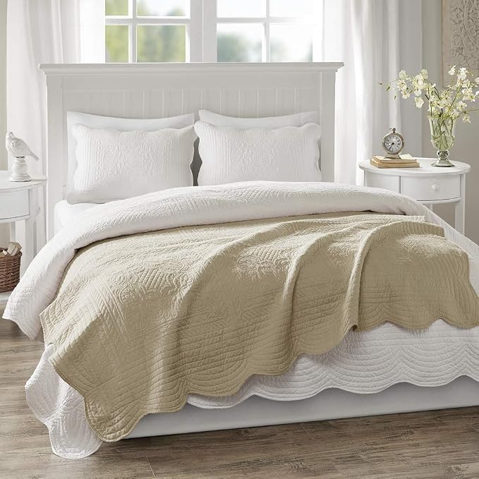 Madison Park Luxe Damask Stitching Throw Blanket, 60"x72" | Cotton Filled Spread, Ultra Soft, Cozy Bedding for Living Room Couch, Sofa, Bed, Scalloped Borders, Khaki