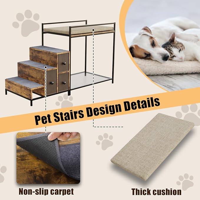LEMBERI Pet Bunk Bed with Stairs and Storage, Dogs/Cats Window Perch, Bedside Lounge Elevated Dog Bed Multi-Level Platform with Foam Upholstery (Brown)