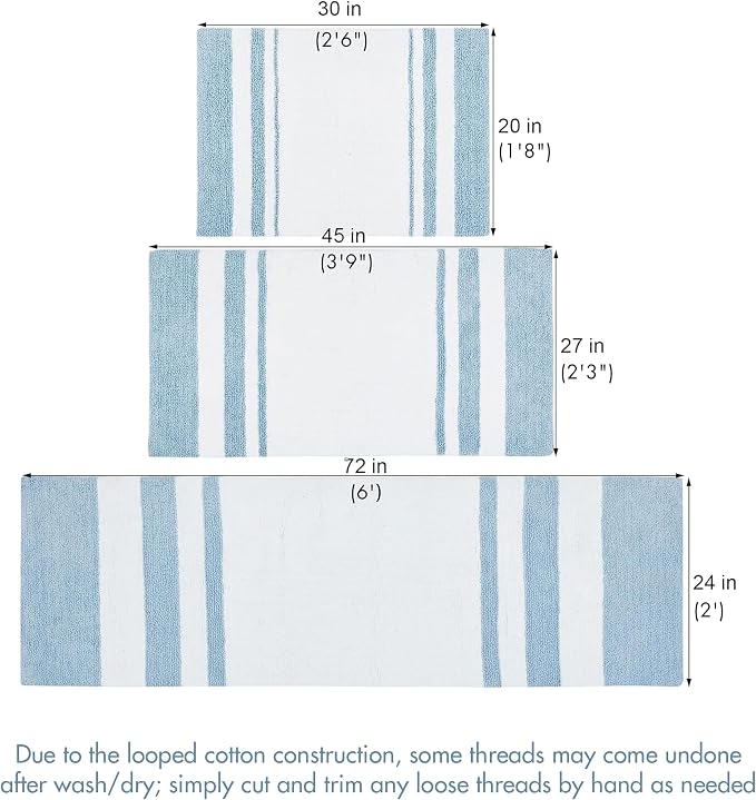 Madison Park Reversible Spa Rug 100%-Cotton Striped Ultra Soft Water Fast Bath Non-Slip Absorbent Quick Dry Mats for Tub, Shower Room, and Bathroom, 24"x72", Blue (MP72-6212) | Quick Dry, Ultra Soft, Pile, Machine Washable, Plush, OEKO-TEX Certified