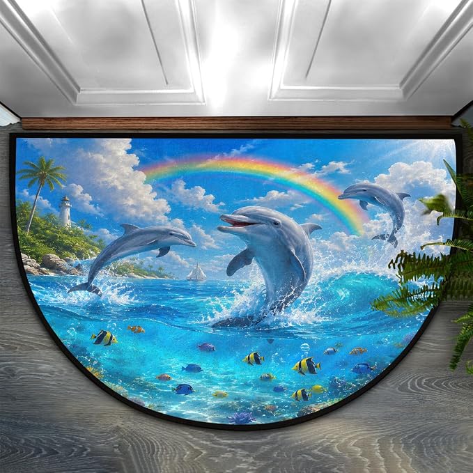 Dolphin Ocean Rainbow Half Round Mat Half Moon Door Rug Washable Durable Semi Circle Carpet Floor mats for Indoor Outdoor Bathroom Kitchen Patio Hearth Rug Laundry Room Home Decoration