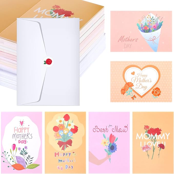 Fuutreo 180 Pack Mother's Day Cards Bulk Assortment with 180 Envelopes and 180 Cute Stickers Floral Mother's Day Greeting Cards Blank Inside for Birthday Supplies, 4 x 6 Inch, 12designs