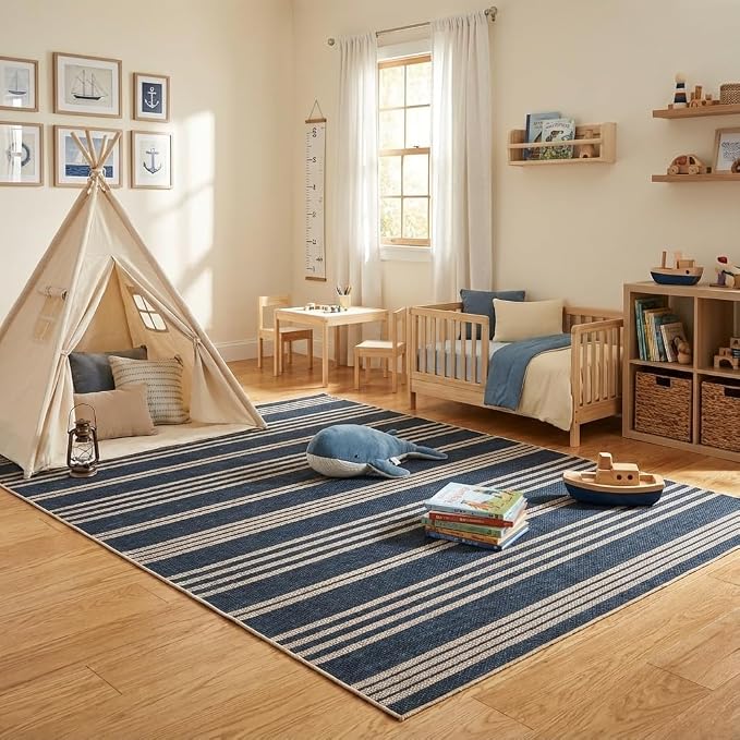 COZYLOOM 4x6 Indoor Outdoor Rugs Machine Washable Area Rugs for Living Room Non Slip Non Shedding Easy Jute Striped Rug Stain Resistant Low Pile Carpet for Bedroom, Nursery, RV, Patio, Navy Blue