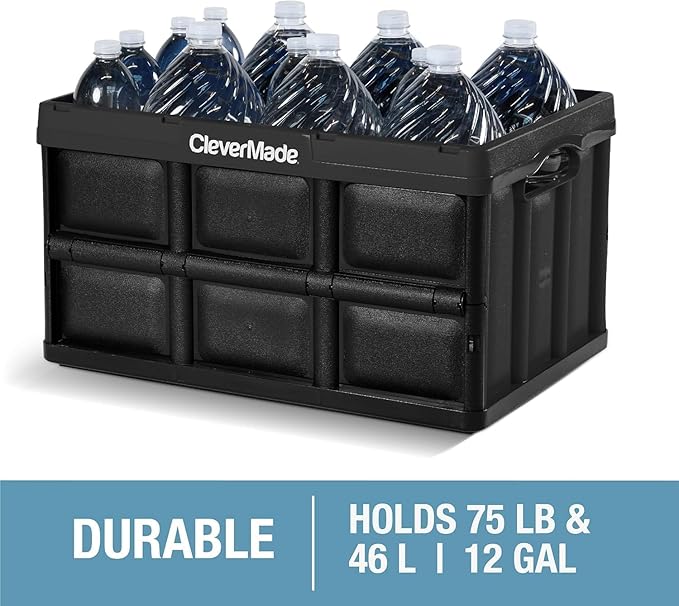 CleverMade Collapsible Storage Bins, 46L, 3 Pack, Ocean | Each bin supports 75 lb for groceries, tools, or gear. Interlocking bases stack securely, and the bins fold to 2.75 inches.