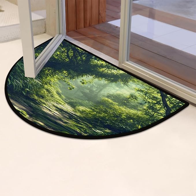 Forest Half Round Doormat Non-Slip Semi Circle Rug Half Moon Mat | Tree Green Leaf Washable Soft Absorbent Indoor Outdoor Entrance Kitchen Bathroom Sink Patio Welcome Fireplace Floor Rug