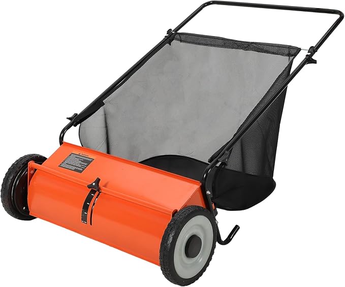 26-Inch Extra-Wide Push Lawn Sweeper with 4-Brush System,7 Cu.ft. Heavy-Duty Mesh Bag Collector, Height-Adjustable Manual Push Sweeper for Leaves, Grass Clippings & Yard Debris, Durable Steel Frame