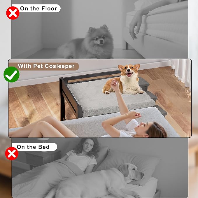Wooden Bedside Dog Bed with Stairs, 41‘’x27'' Dog Co-Sleeper for Human Bed, Pet Bunk Bed with Removable Mattress, Foldable 3-Step Stairs and Guardrails for Large Dogs