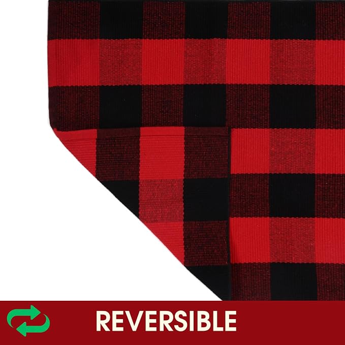 Christmas Red and Black Plaid Rug, 24 x 51 Inches Cotton Hand-Woven Layered Door Mat for Front Porch, Entryway, Outdoor Holiday Decor, Washable Buffalo Check Rug for Home, Patio, Kitchen