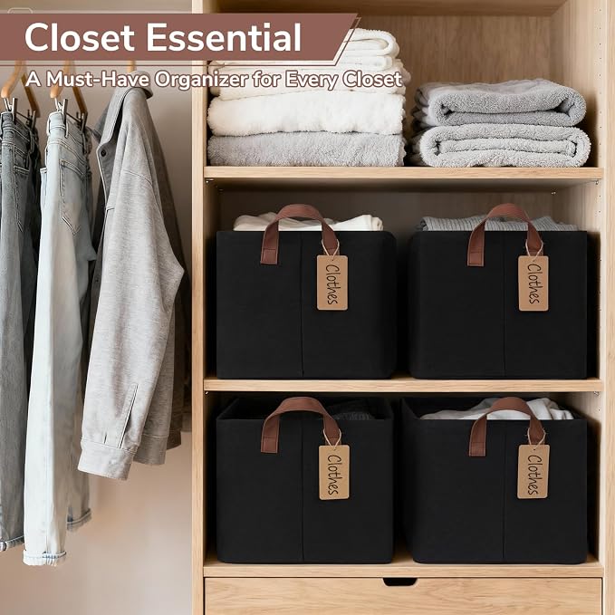 CHICVITA 4 Pack Large Storage Baskets with Metal Frame, Black | 16.8 × 11 × 9.8 in, Reinforced Handles, Collapsible Design, Closet & Shelf Organization, Clothes, Blankets & Toys Storage