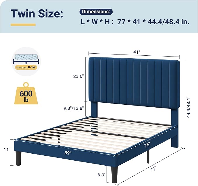 Allewie Twin Bed Frame, Velvet Upholstered Platform Bed with Adjustable Vertical Channel Tufted Headboard, Mattress Foundation with Strong Wooden Slats, Box Spring Optional, Easy Assembly, Navy Blue