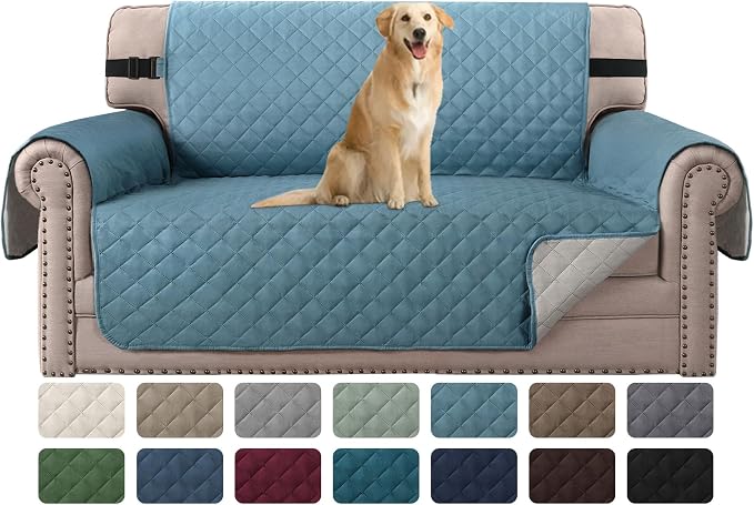 H.VERSAILTEX Reversible Loveseat Couch Covers for 2 Cushion Couch Water Repellent Couch Cover for Dog Couch Cover Protector Non Slip Furniture Protector with Elastic Strap(Loveseat, Cameo Blue/Beige)