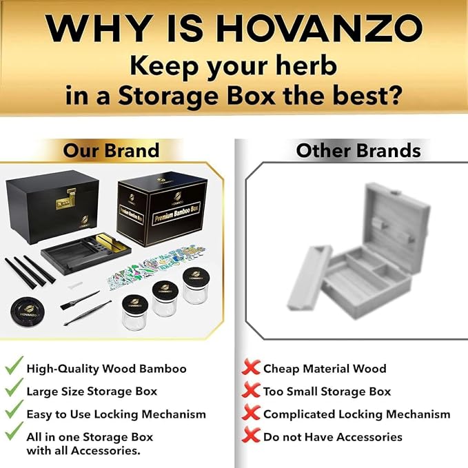 HOVANZO Premium Large Bamboo Storage Box with Organizer Tray - Storage Wood Box and Accessories - Decorative Box with Combination Lock - Large Wooden Container - Box Kit with Glass Jars