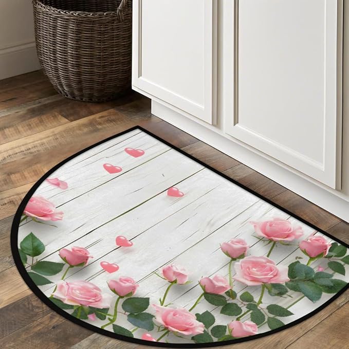 Wooden Half Round Doormat Non-Slip Semi Circle Rug Half Moon Mat | Pink Rose Flower Washable Soft Absorbent Indoor Outdoor Entrance Kitchen Bathroom Sink Patio Welcome Fireplace Floor Rug