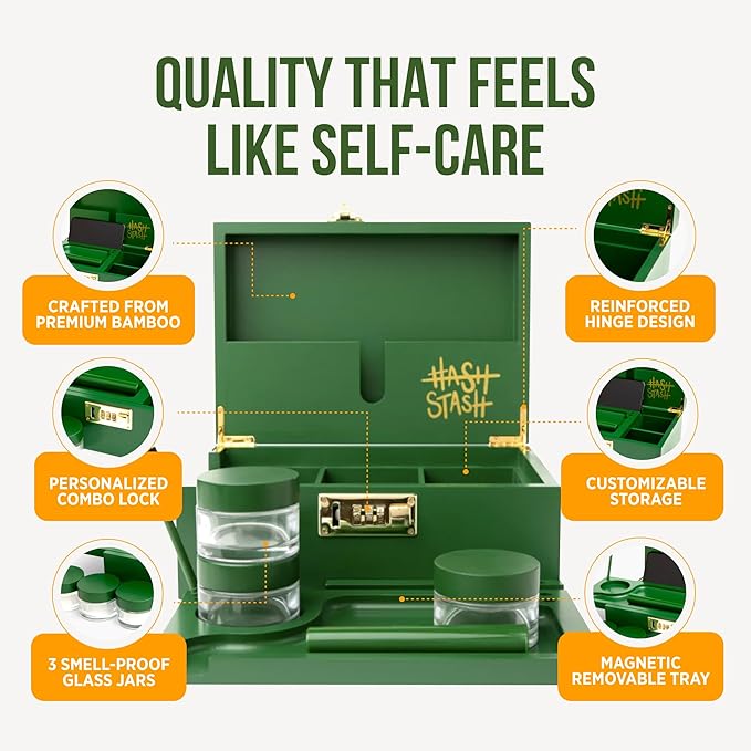 The OG Stash Storage Box - Large Bamboo Box with Combination Lock, Magnetic Lid, Organizer Tray, 3 Jars and Brush - Portable Decorative Wooden Lock Kit with Accessories (Green/Gold)