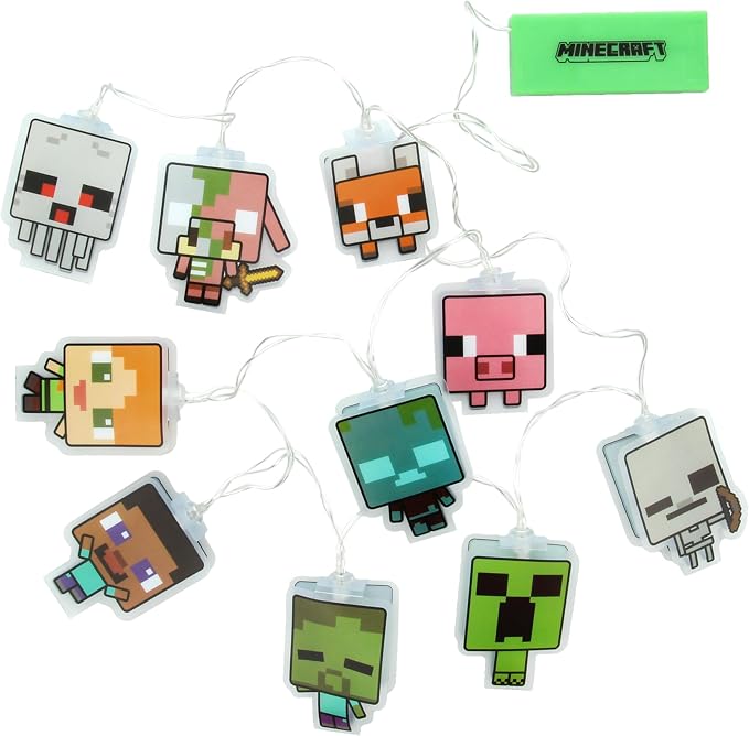 Paladone Minecraft String Lights with 10 LED Characters Including Creeper, Steve, Piglin and More, Officially Licensed Battery Powered Bedroom Décor for Boys, Girls, Teenagers, Kids, Gift for Gamers