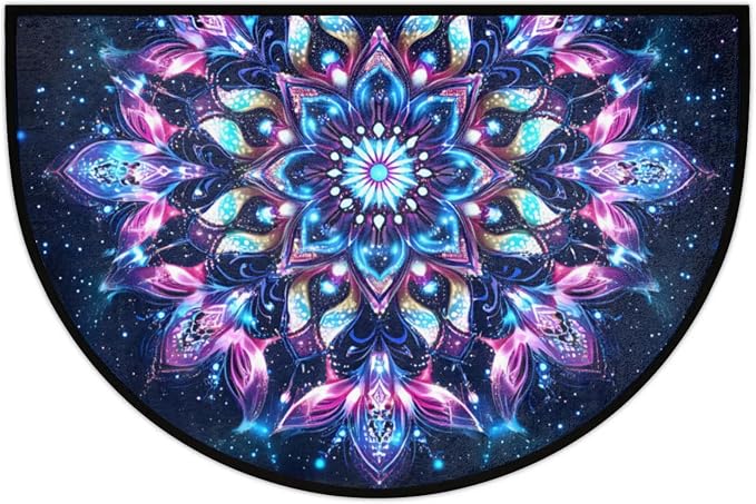 Half Round Doormat Flowers Ethnic Mandala Purple Non Slip Half Circle Area Rugs Indoor Washable Half Moon Rug Semi Circle Bathroom Runner Mat Entrance Floor Carpet for Kithen Bedroom Fireplace Decor