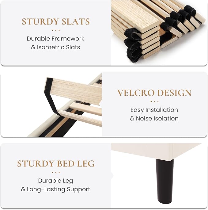 SHA CERLIN Full Size Velvet Bed Frame with Adjustable Headboard, Cream | Vertical Channel Tufted Design, Upholstered Platform Bed, Wood Slats Support/No Box Spring Needed/Easy Assembly