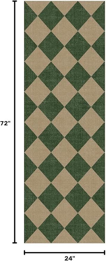 Lessymo Kitchen Runner Rug 2x6 Checkered Jute Rugs Washable Non Slip, Green | for Entryway Hallway Bedside, Indoor Outdoor Carpets for Patio Porch, Stain Resistant, Kid Pet Friendly, Diamond Green/Beige