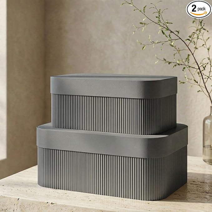 ZICOTO Decorative Storage Boxes with Lids - Set of 2 Beautiful Fluted Photo Organizer Bins for Your Home Bookshelf Decor to Safely Store Your Documents, Memory Box Items and Other Keepsakes in Style