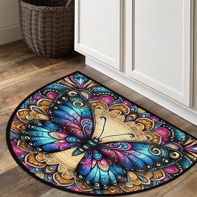 Pardick Half Round Doormat Butterfly Boho Colorful Semi Circle Rug Non Slip Indoor Outdoor Entrance Half Moon Rug Washable Front Floor Mat for Kitchen Bathroom Patio Fireplace Holiday Decor