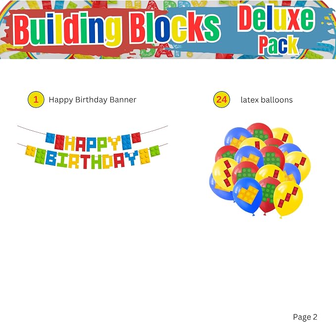 Building Block Deluxe Party Supplies Pack (137 Pieces for 16 Guests) - Gamer Birthday Decorations, Gamer Party Supplies , Blocks Party Decor, Brick Birthday, Blue Orchards