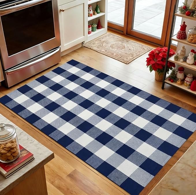 Navy Blue and White Buffalo Plaid Rug 3' x 5', Washable Farmhouse Non-Slip Checkered Doormat, Indoor Outdoor Floor Mat for Living Room, Bedroom, Entryway, Kitchen, Laundry Room