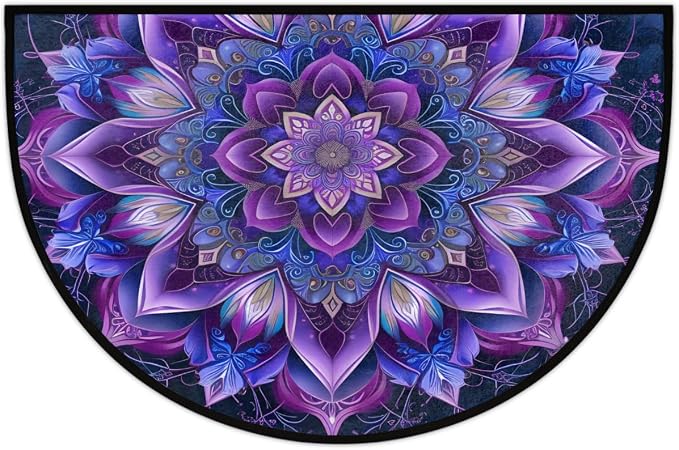 Purple Half Round Doormat Semi Circle Rug Half Moon Rug Entryway Mat | Mandala Flower Washable Non Slip Outdoor Floor Rug Kitchen Mat for Indoor Outdoor Bathroom Fireplace Bath Decor