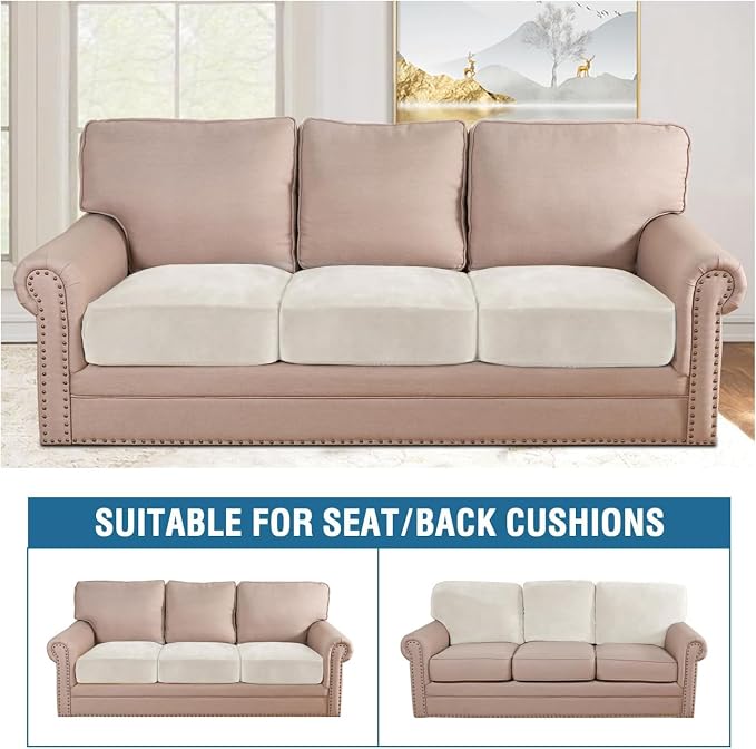 H.VERSAILTEX Velvet Stretch Couch Cushion Cover Plush Cushion Slipcover for Chair Loveseat Sofa Cushion Furniture Protector Seat Cushion Sofa Cover (3 Piece XL Sofa Cushion Covers, Porcelain White)