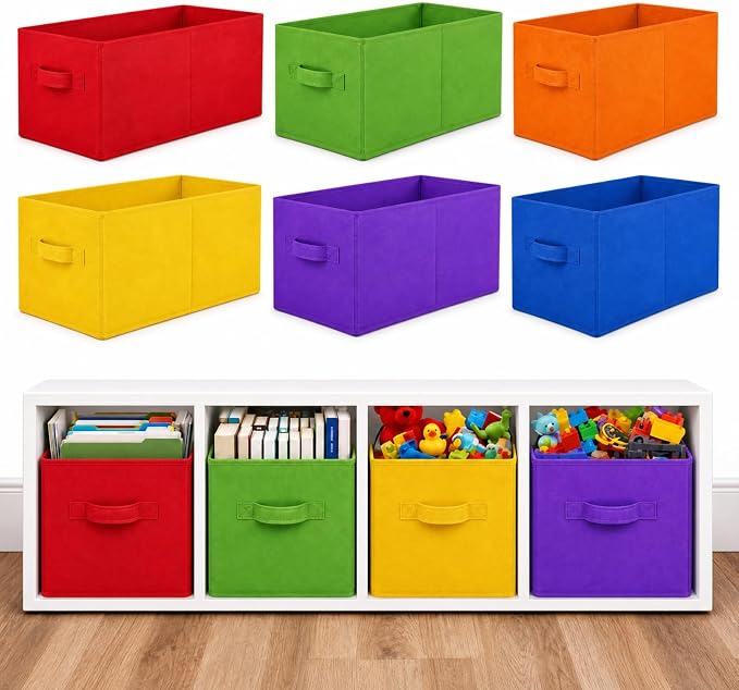 Yinder Cube Storage Bin Storage Bins for Room Decor Colorful Bins Foldable Baskets for Nursery Organizer Boxes Fabric Boxes (14''x10''x8'',Bright Colors,6 Pcs)