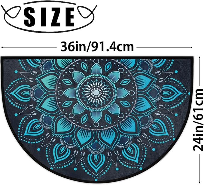 Pardick Half Round Doormat Semi Circle Rug Blue Mandala Elegant Non Slip Indoor Outdoor Entrance Half Moon Rug Absorbent Durable Washable Front Floor Mat for Kitchen Bathroom Patio Fireplace