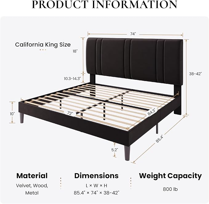 SHA CERLIN California King Bed Frame, Velvet Upholstered Bed with Adjustable Headboard, Vertical Channel Tufted Design, Sturdy Wood Slat Support, No Box Spring Needed, Easy Assembly, Black