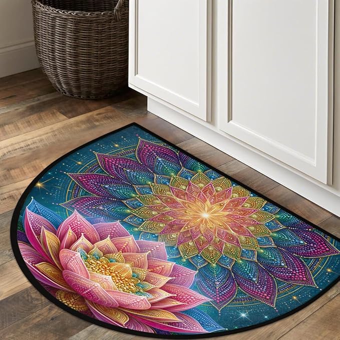 Lotus Half Round Door Mat Non Slip Half Circle Rugs | Mandala Color Washable Half Moon Rug Semi Circle Rugs Indoor Entrance Floor Carpet for Kithen Bedroom Fireplace Decor